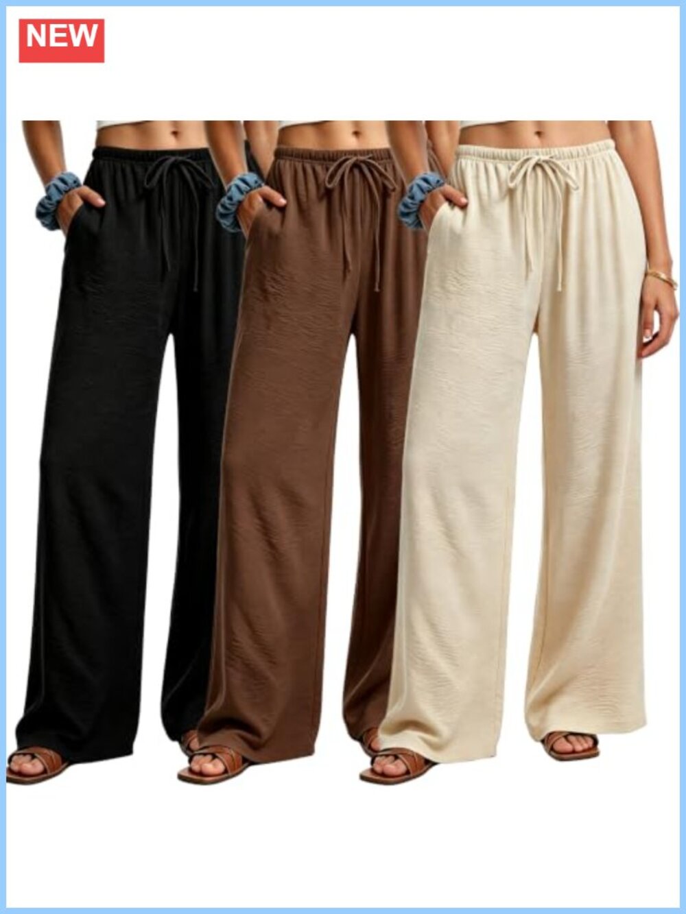 Wide Leg Palazzo Pants 3 Pack with Pockets Drawstring